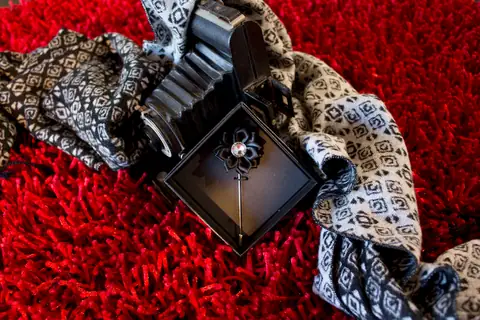 Formalwear accessories and jewellery arranged on red fabric.